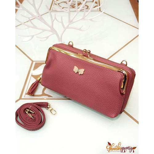 Women Double Layer Small Shoulder Bag Satchel Purse Leather Wallet size : 19.5x5x11 cm color : Peach